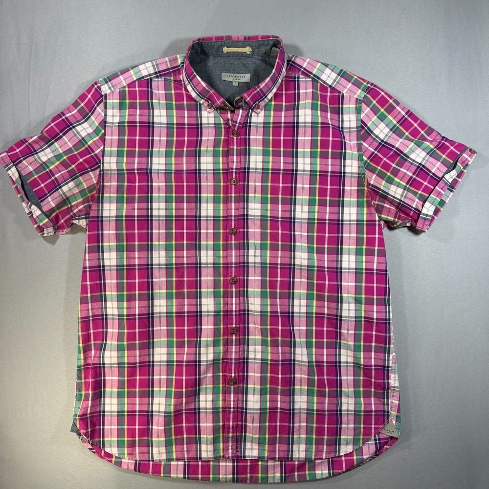 Ted Baker London Mens Size 5 XL Pink Purple Plaid Short Sleeve Button Down Shirt